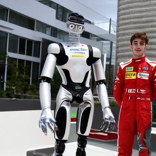 Image similar to f 1 driver charles leclerc, on display, posing like a statue, showing off his muscles, humanoid robot, who is a male android, shiny skin, made of ice, frozen ice statue, by the pool, a realistic detailed photo of a guy who is an attractive humanoid who is half robot and half humanoid, blank stare