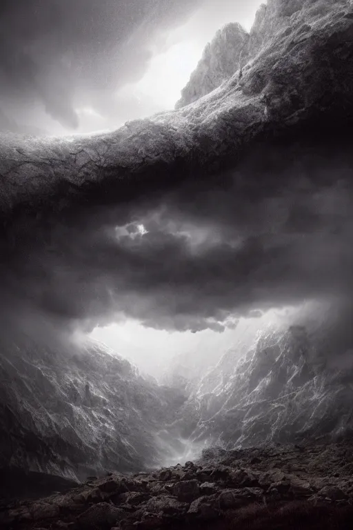 Prompt: a beautiful 3 d gigantic big detail megastructure white basalt wall dam borderland style glowing in cloud across the an ominous stormy snow mountain, in the thick fog, by stuart lippincott, volumetric lighting, dynamic lighting, dramatic lighting, high contrast, concept art, marble, religious, surrealism, catholicpunk, stark, trending on artstation