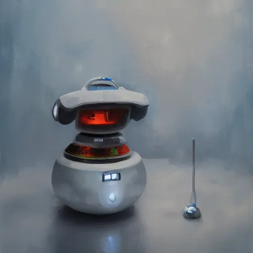 Image similar to a robot soup, oil painting, pale colors, high detail, 8 k, wide angle, trending on artstation,