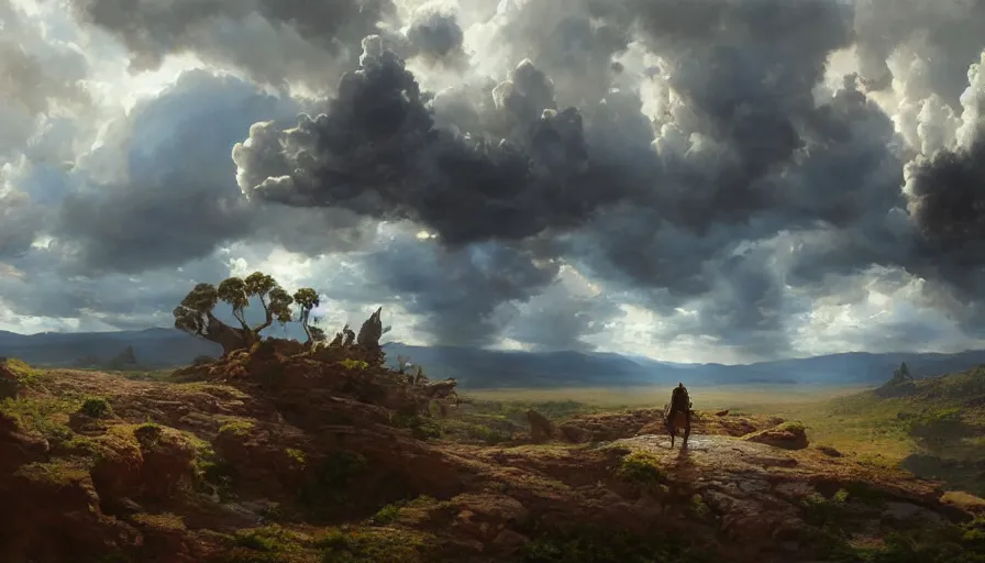 Prompt: excellent painted daemon in a wide epic beautiful landscape somewhere in australia with fluffy clouds, painted by Hans Fredrik Gude, Greg Rutkowksi, Craig Mullins and Artgerm, masterpiece, 4k, ultra realistic highly detailed oil painting