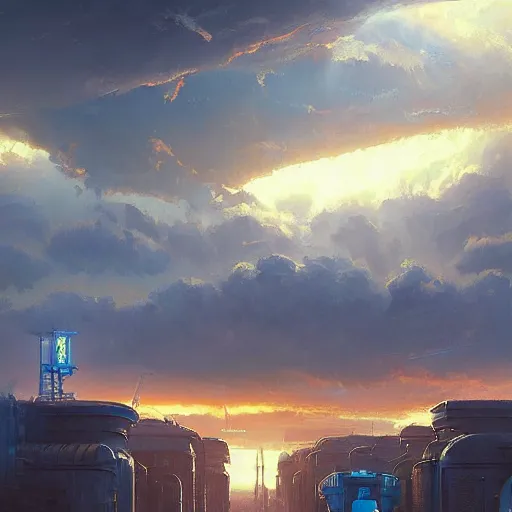 Prompt: scifi concept art of an industrial megalopoli by greg rutkowski, star wars expanded universe, cumulonimbus clouds, sunset, nostalgic, very very very beautiful art, cinematic lighting, bright pastel color, blue sky