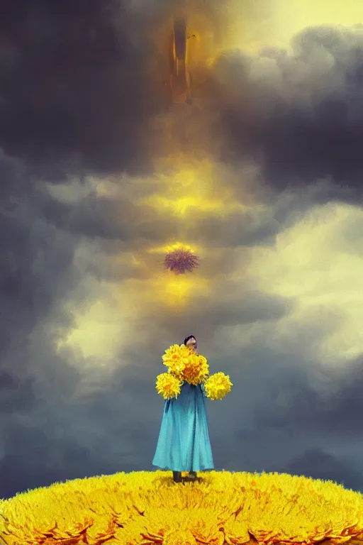 Image similar to closeup girl with huge yellow dahlia flower face, intricate, standing on mountain, surreal photography, blue storm clouds, dramatic light, impressionist painting, digital painting, artstation, simon stalenhag