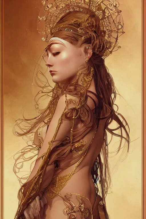 Image similar to high priestess, intricate, elegant, highly detailed, concept art, sharp focus, beautiful face!!, digital art, smooth defined outlines!!, human anatomy, human structure, by Brom, trending on Artstation, Alphonse Mucha