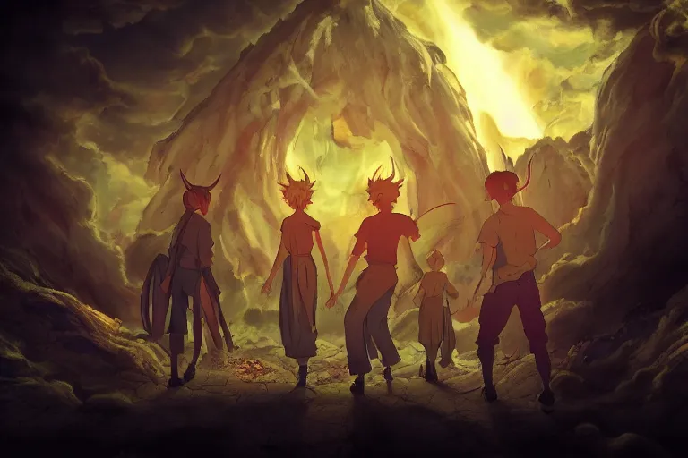 Image similar to cell shaded key visual of a group demons emerging from a portal, dramatic lighting, in the style of studio ghibli, moebius, makoto shinkai,