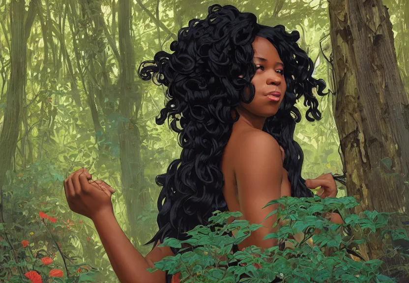 Prompt: a black woman seen from behind from far away with flowing hair and a flowing sundress dreaming in a forest, fine details by realistic shaded lighting poster by ilya kuvshinov katsuhiro otomo, magali villeneuve, artgerm, jeremy lipkin and michael garmash and rob rey, art nouveau, alphonse mucha, william - adolphe bouguereau, golden hour