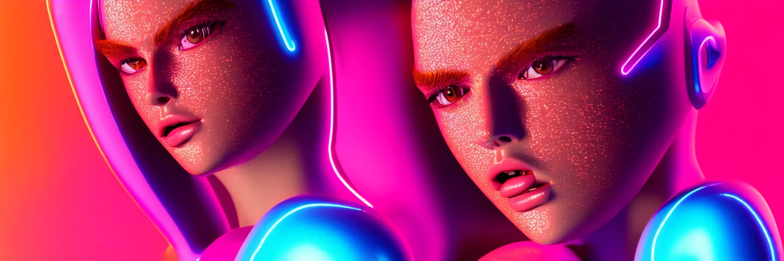 Image similar to a close - up of sensual female humanoid head with freckles cheeks, out - focussed cyber neon lighting background, retro futurism, retro futuristic glossy latex bikini, bokeh background, profile posing, hyper photorealistic, crispy quality, digital photography, art by pascal blanche, art by artgerm, art by greg rutkowski,