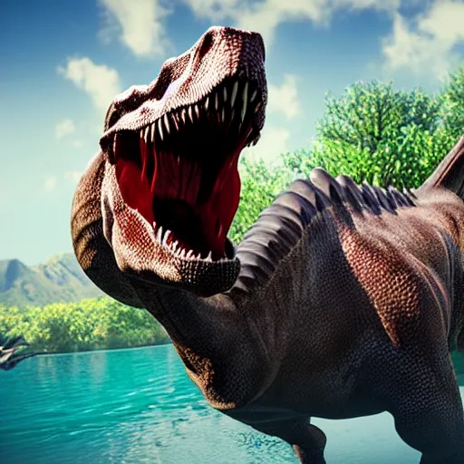 Prompt: dinosaur hunting for food, swimming in the sea, dino displayed as side portrait realistic, Unreal engine, 8K,