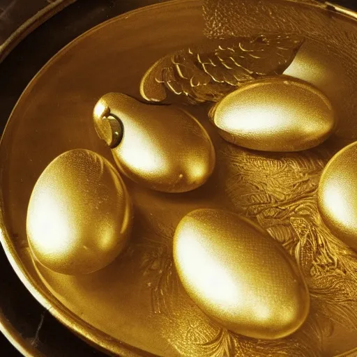 Prompt: golden geese laying eggs. Antique brass scale. Cinematic, volumetric lighting. Scene from 1971 film Willy Wonka & the Chocolate Factory