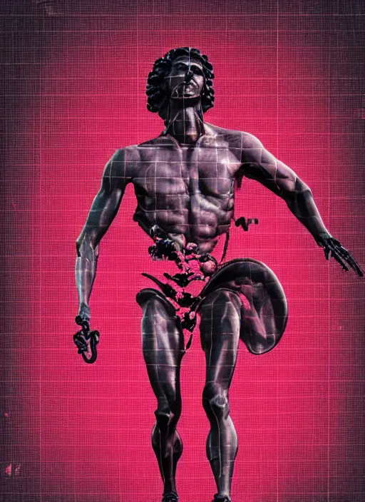 Prompt: black background, statue of hercules, ( ( ( skeleton ) ) ), grey, thin lines, dark, red and purple grid design elements, glitch art, neo vaporwave, gritty, movie poster, layout design, trending on artstation