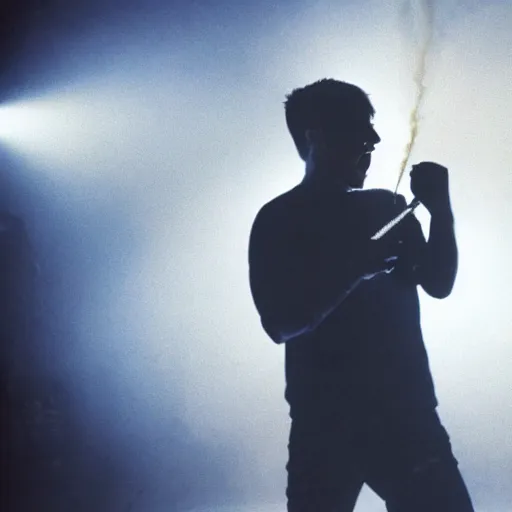 Prompt: Trent Reznor screaming and smashing a guitar on a synthesizer, smoke, colored projections, ultrafine detail, high contrast, projections, associated press photo, masterpiece