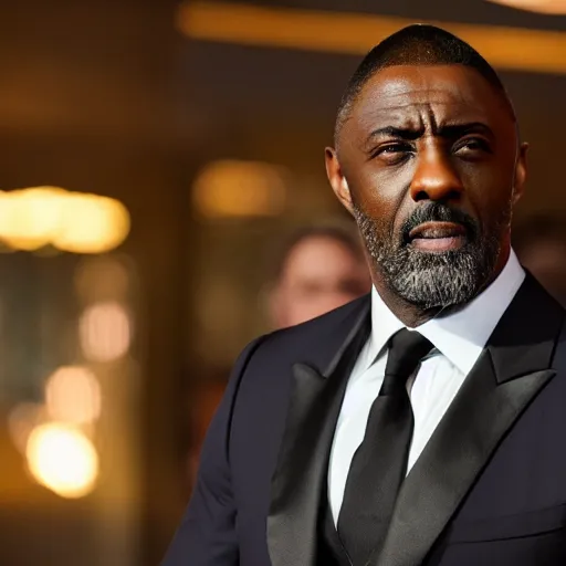 Prompt: cinematic film still of Idris Elba starring in a Steven Spielberg film as James Bond,2021, shallow depth of field