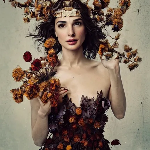 Image similar to full body fine art photo of the beauty gal gadot, she has a crown of dried flowers and is wearing a fashionist conceptaul dress made of dried roses, taken by oleg oprisco