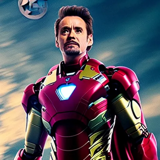 Prompt: jim carrey in an iron man suit, cinematic lens, heroic pose, wide shot, from avengers endgame