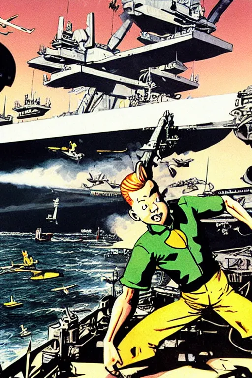 Prompt: full page illustration of tintin tearing apart an aircraft carrier, by alex ross, phil hale,