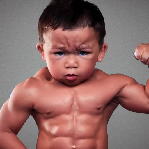 Prompt: huge muscles bodybuilder toddler, angry, ready to fight, red face, 2 years old, barrel chested, rippling muscles, huge veins, bulging muscles, ripped, award winning photography, high detail