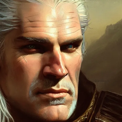 Image similar to geralt of rivia and jaskier. close up of their faces. natural lighting. highly detailed painting by gaston bussiere, j. c. leyendecker, greg rutkowski 8 k