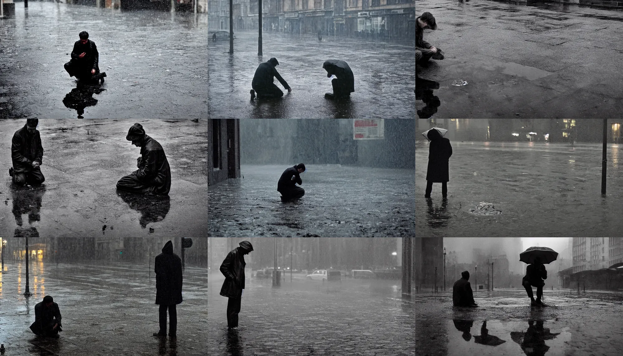 Image similar to there is a man on his knees in a puddle lamenting his miserable life while it rains dramatically, film still from a movie directed by andrei tarkovski, photorealistic, cinematic lighting, intrincate, atmospheric, highly detailed, smooth, sharp focus