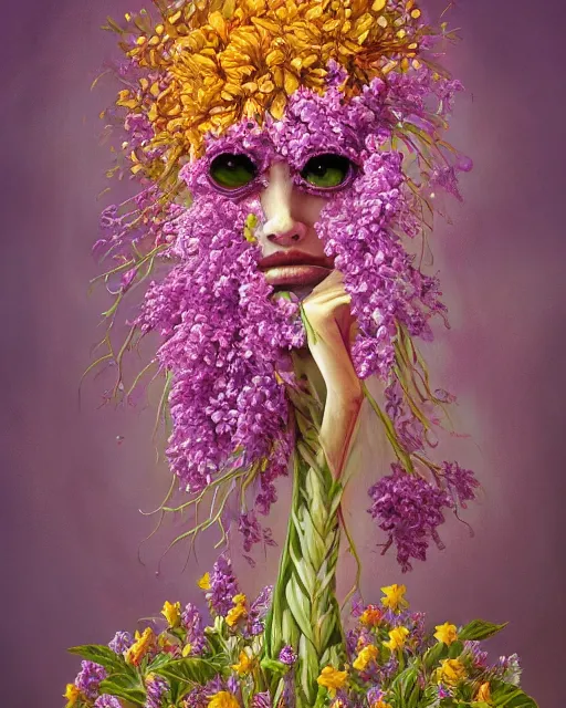 Image similar to Haunting horrifying detailed painting of a tall skinny extraterrestrial flower monster made of lilacs, roses, lilies and daffodils, light leak, spectrum, and bloodshot eyeballs, hyper detailed, trending on Artstation