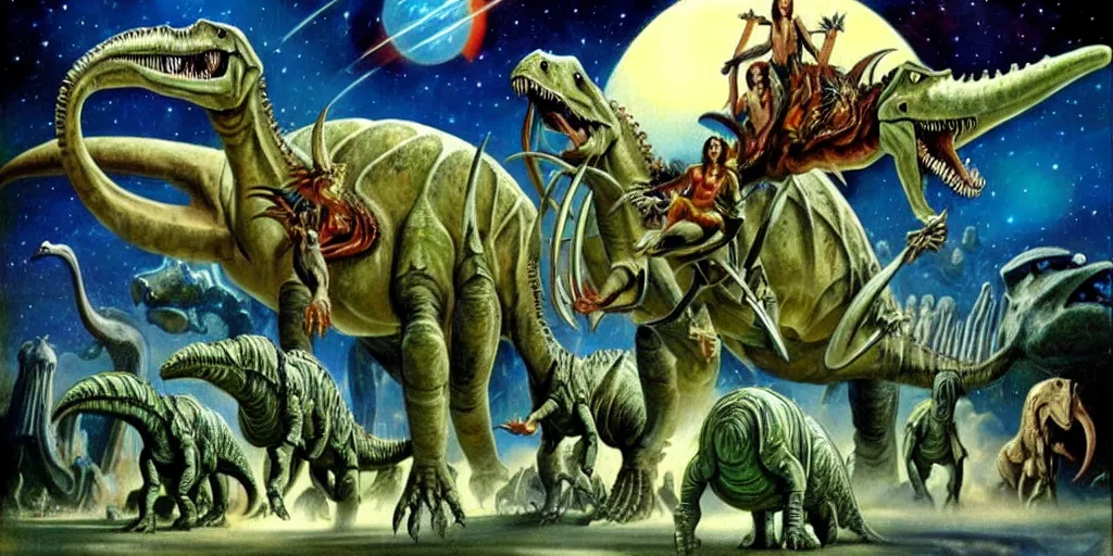 Image similar to metalheads riding dinosaurs in the space jungle, boris vallejo style, lord of the rings