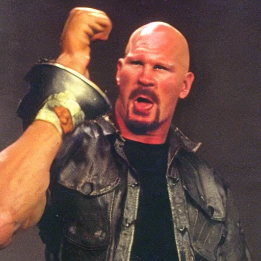 Image similar to stone cold steve austin destroying the one ring in mt. doom