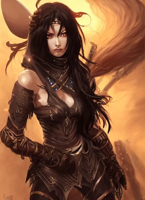 Image similar to beautiful warrior lady, black long hair, practical armor, brown skin, demonic eyes, low fantasy, extremely detailed, sharp focus, smooth, digital illustration, by rossdraws, frank franzzeta, sakimichan