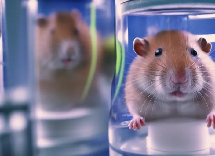 Image similar to film still of a hamster working in a research lab filling test tubes, 8 k