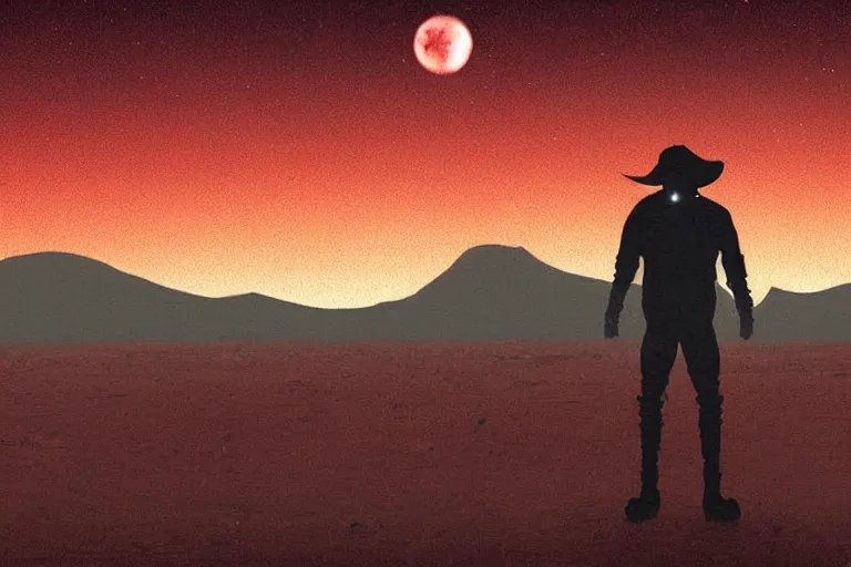Image similar to A cowboy plague doctor in the distance facing camera, on mars. distant background, red lighting, digital art, acrylic, colorful, ominous, bleak, moonlight, bokeh, depth of field, synthwave, psychedelic, glitch, acrylic, flooko, detailed, cybernetic, sci-fi, glows,