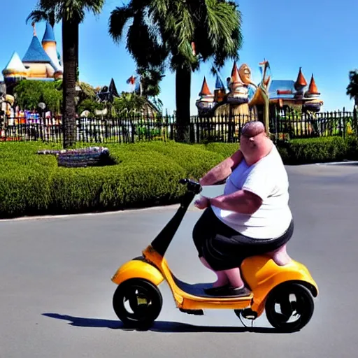 Prompt: a morbidly obese rat!!!!!!!!!!!!! riding a mobility scooter at disneyworld, photo