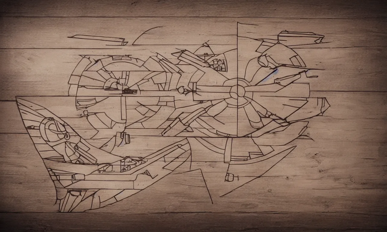 Prompt: ( ( wooden rd 2 d ), wooden x - wing, wooden board, manuscript, chateau, nordic pastel colors, perfect lightning