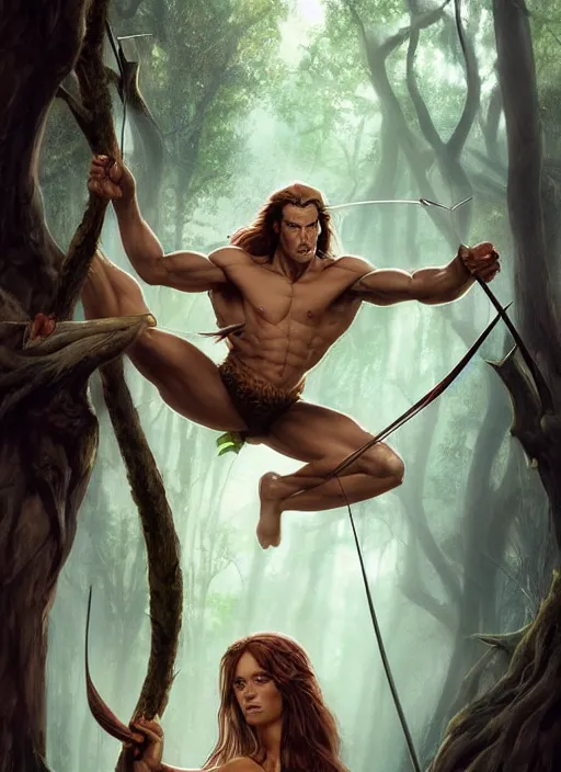 Image similar to A beautiful digital painting of tarzan in the mirkwood forrest holding a bow and arrow looking at the camera by Stanley Artgerm Lau, frank frazetta, Rossdraws, James Jean, gerald brom, Andrei Riabovitchev, Marc Simonetti, and Sakimichan, trending on artstation