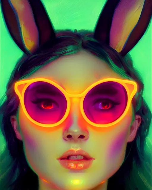 Prompt: painted close - up portrait of a neon sensual bunny girl. oil painting, wearing neon sunglasses, fantasy art by greg rutkowski and john singer sargent and gaston bussiere, demon noble character design