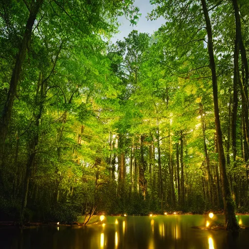 Prompt: professional photograph of a forest of trees. little specs of fireflies and a river in between leading to a water fall, photo realism, perfect lighting