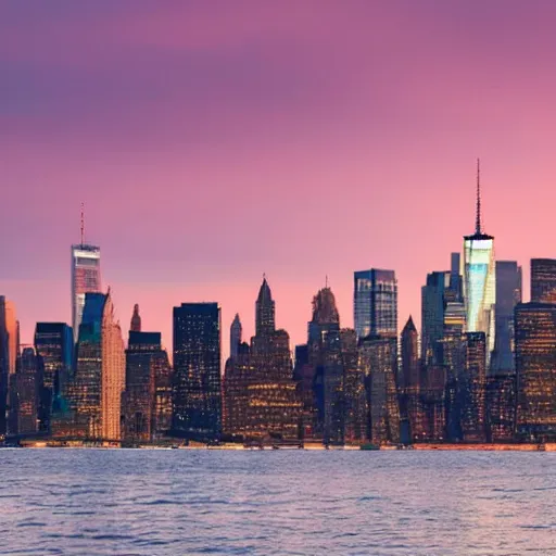 Prompt: photo of the new york skyline during sunrise.