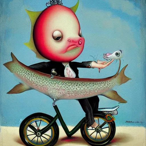 Prompt: a fish on a tricycle, lowbrow painting by mark ryden