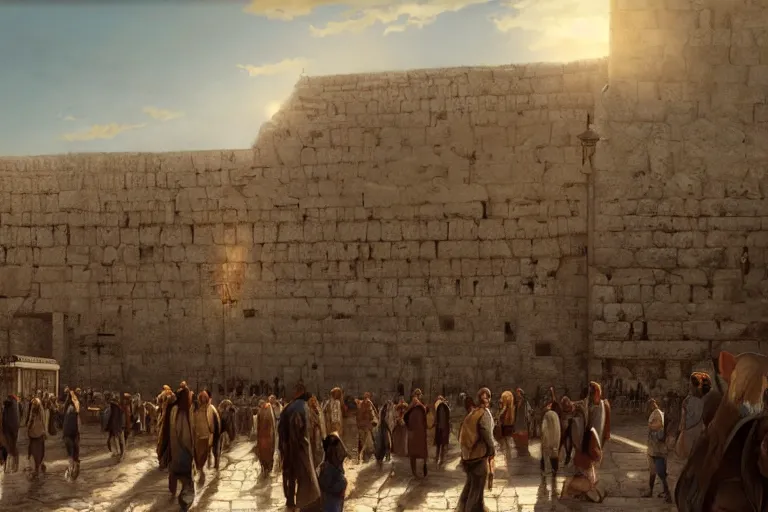 Prompt: the western wall, matte painting, long shot, concept art, wide shot, digital art, trending on artstation, 4 k, extremely detailed, realistic, midday, warm colors, golden sunlight, by greg rutkowski, cinematic, epic