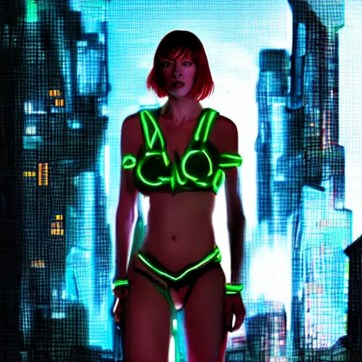 Prompt: milla jovovich as leeloo portrait in the foreground of digital art scifi sharp neon city