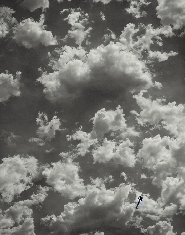 Image similar to “ human floating in the sky, realistic ”