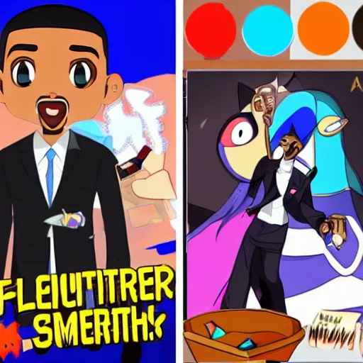 Image similar to will smith wearing luxury suits as a gacha game rare character, cartoon, anime, trend in pixiv, cool color pattern