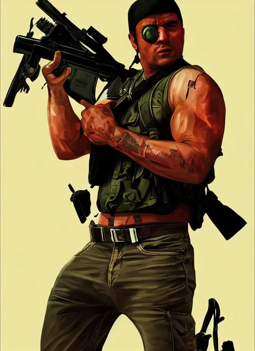 Prompt: rambo going on a killing spree in gta v, cover art by stephen bliss, artstation