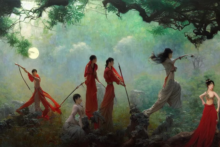 Image similar to wuxia, forest, moonlight, painting by gaston bussiere, craig mullins, j. c. leyendecker, artgerm, agostino arrivabene, vanessa beecroft, ankazhuravleva