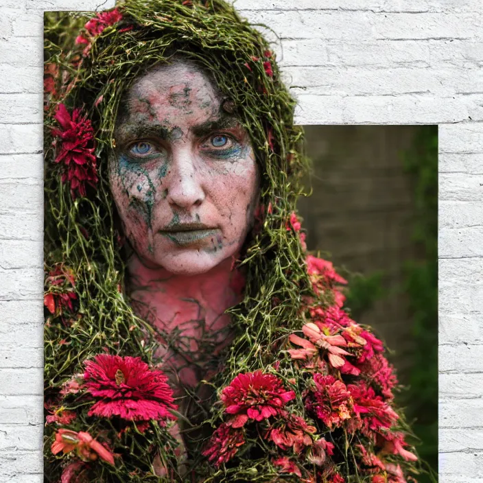 Image similar to a woman wearing a hooded cloak made of zinnias and barbed wire, in a derelict house, detailed face, CANON Eos C300, ƒ1.8, 35mm, 8K, medium-format print