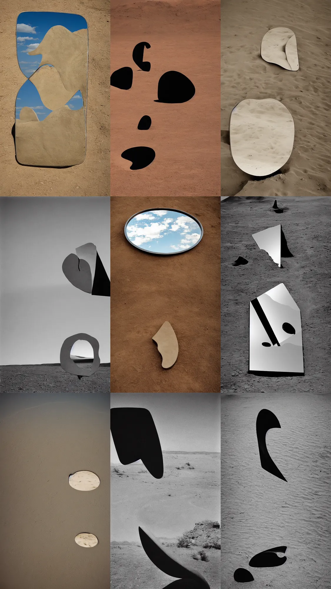 Prompt: a mirror in the desert, by jean arp, surrealist photography