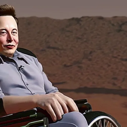 Prompt: elon musk at age 1 0 0 sitting in a wheelchair on planet mars, high quality, photorealistic