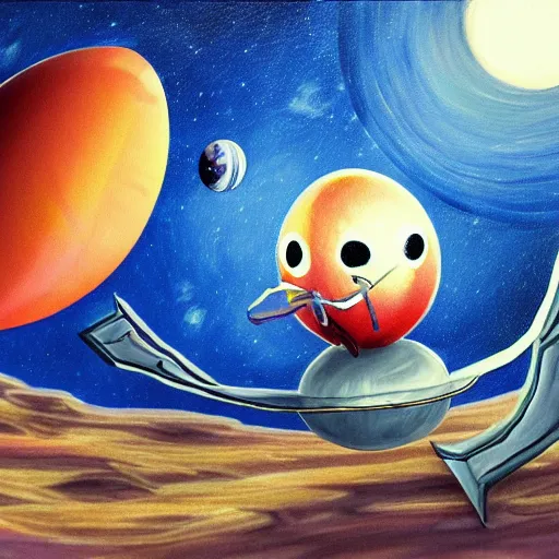 Image similar to painting of space ship in orbit around a planet, detailed, egg, colorful, shell, carapace, insect, bug, beatle, hollow knight