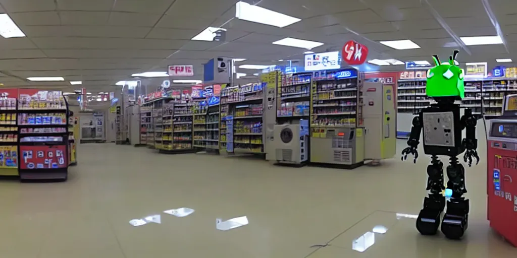 Image similar to abandoned robot android factory in a convenience store, damaged camcorder video