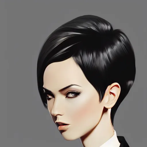 Image similar to slim girl in tuxedo with short black hair, elegant, 2d, ultra highly detailed, digital painting, smooth, sharp focus, artstation, art by Ilya Kuvshinov