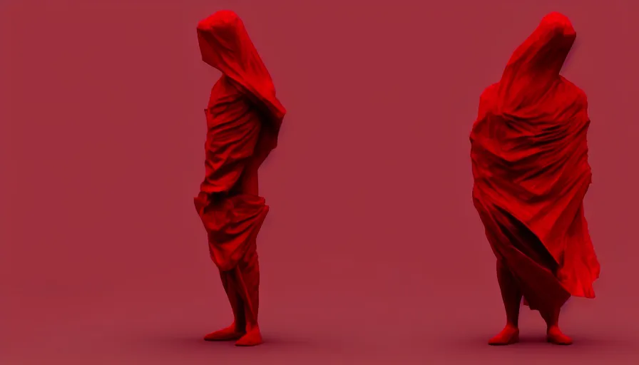 Image similar to enigmatic figure wrapped in red sheet in darkness, high contrast, hard light, digital art, rendering, cloth simulation, redshift