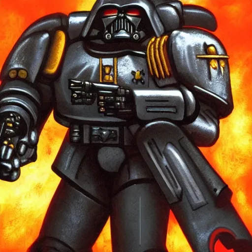 Image similar to space marine from warhammer 40000 in the style of Darth Vader from star wars, realism, against the background of the battlefield, depth of field, focus on darth vader,