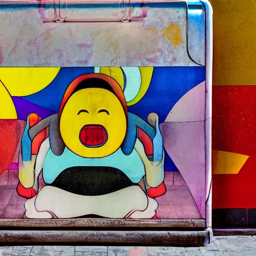 Image similar to garbage can, by diego rivera, by takashi murakami, unreal engine, hyperspectral imaging, dslr, shutter speed 1 / 2, kinemacolor, hyperprism, excited, angelic, good, chromatic aberration, crazy dmt trip