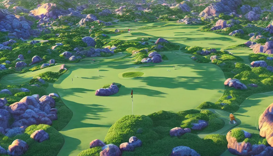 Image similar to A highly detailed matte painting of biggest golf course in the world, by Studio Ghibli, Makoto Shinkai, by Artgerm, by beeple, volumetric lighting, octane render, 4K resolution, trending on artstation, masterpiece